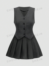 Striped Single-Breasted Vest And Skirt Set